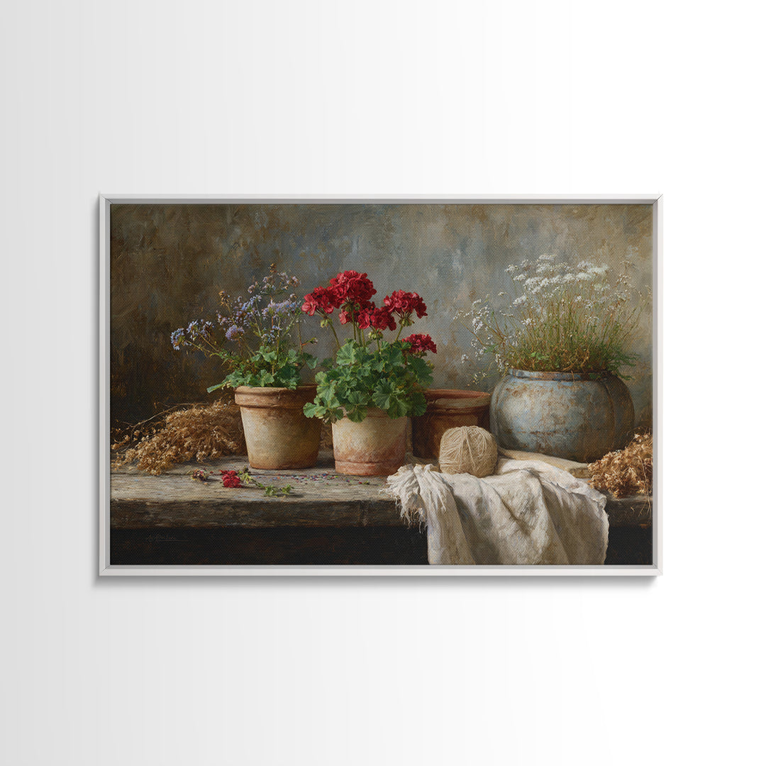 Potted Geraniums in Rustic Clay Pots Canvas Print, Patio Art, Floral Wall Art, Patio Decor, Fine Art, Outdoor, Mixed Media Art, PAT-3x2-66