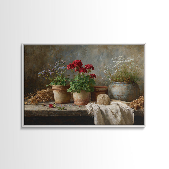 Potted Geraniums in Rustic Clay Pots Canvas Print, Patio Art, Floral Wall Art, Patio Decor, Fine Art, Outdoor, Mixed Media Art, PAT-3x2-66