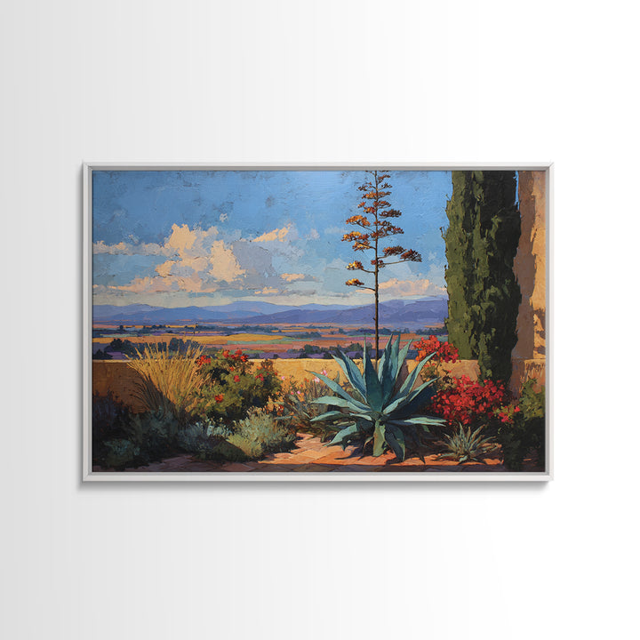 Desert Patio Agave and Bougainvillea Framed Canvas Print, Patio Art, Lake House Decor, Patio Decor, Fine Art, Outdoor, PAT-3x2-69