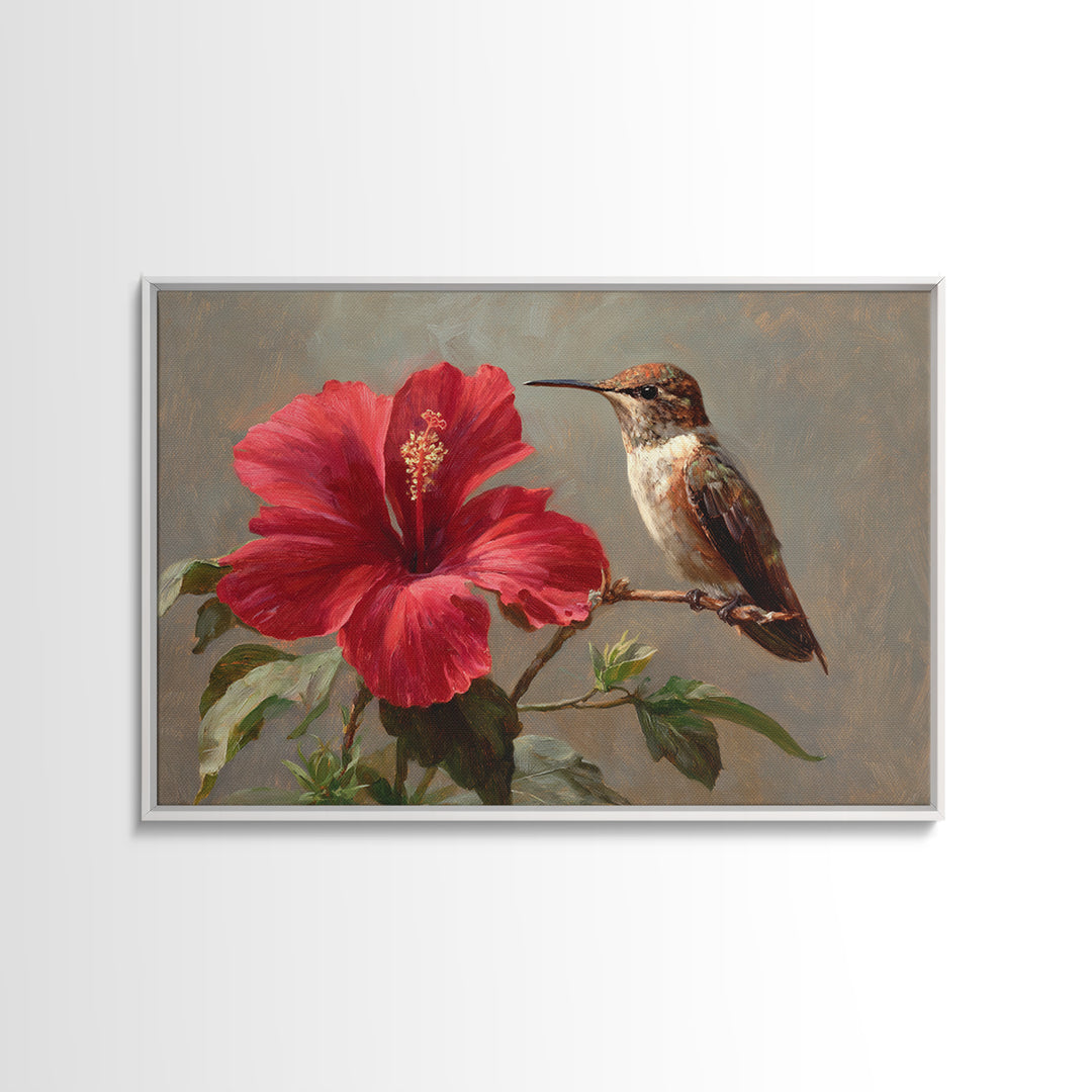 Hummingbird Visiting Bright Hibiscus Framed Canvas Print, Patio Art, Patio Decor, Abstract Art, Outdoor, Floral Wall Art, PAT-3x2-7