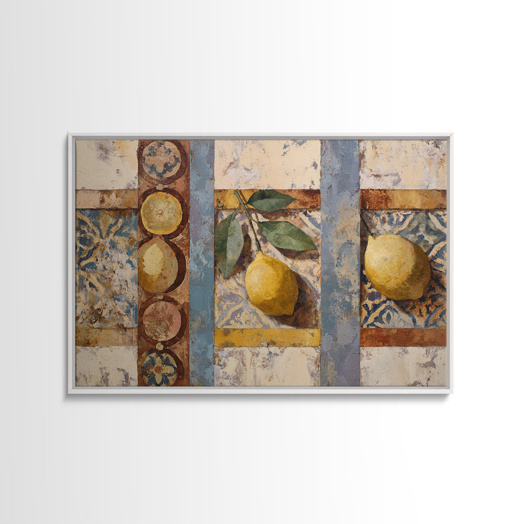 Mediterranean Lemons and Blue Tile Pattern Framed Canvas Print, Patio Art, Floral Art, Patio Decor, Fine Art, Outdoor, PAT-3x2-78