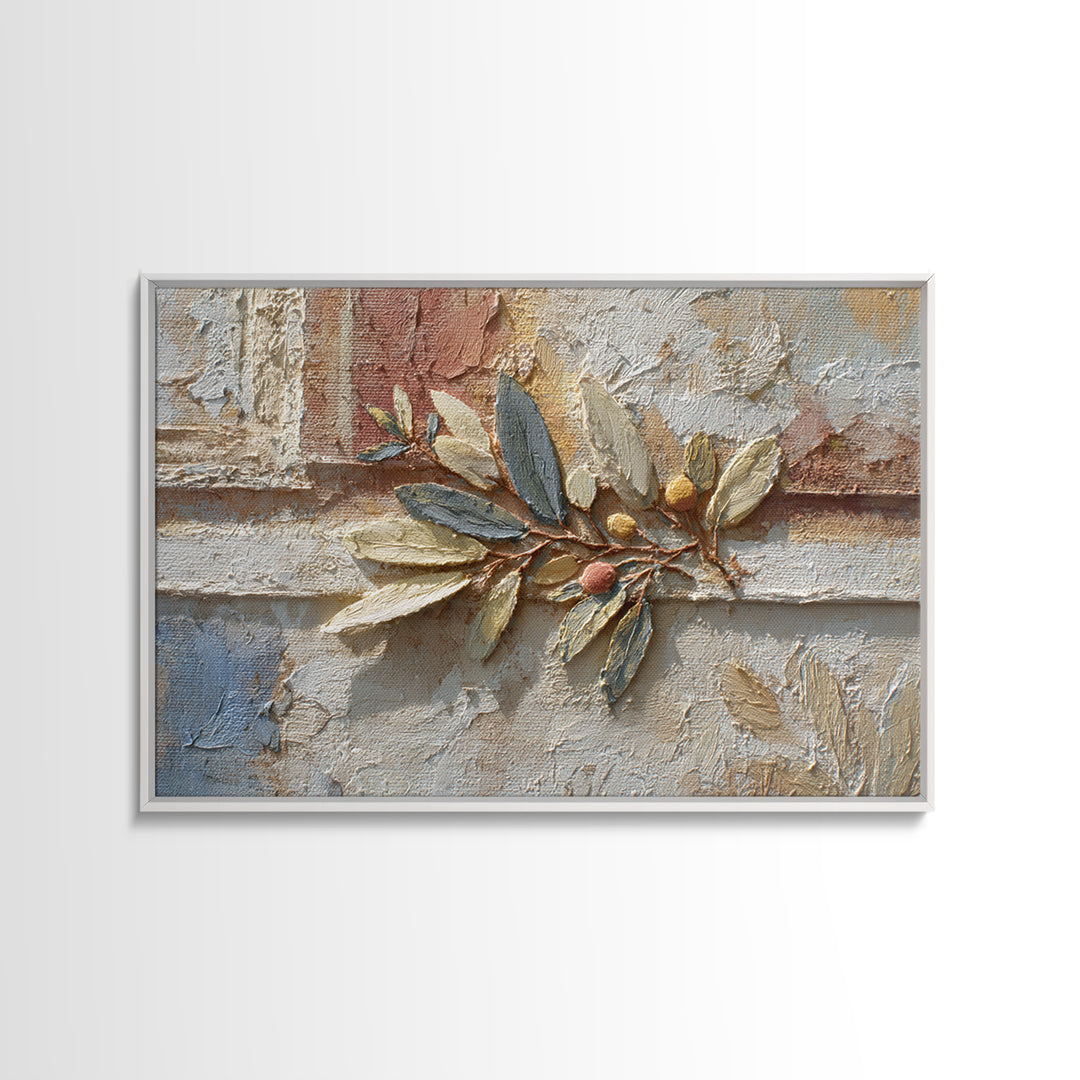 Olive Branch Wreath on Warm Plaster Framed Canvas Print, Patio Art, Family Wall Art, Patio Decor, Fine Art, Outdoor, Room Decor, PAT-3x2-85