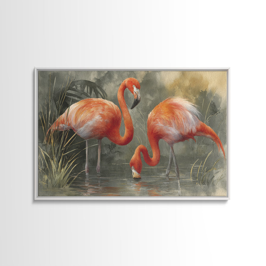 Flamingo Pair Beside Shallow Water Framed Canvas Print, Patio Art, Patio Decor, Fine Art, Outdoor, Gallery Decor, Neutral Decor, PAT-3x2-86