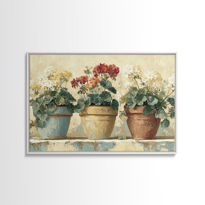 Potted Geraniums in Rustic Clay Pots Framed Canvas Print, Patio Art, Beach Art, Patio Decor, Fine Art, Outdoor, Neutral Decor, PAT-3x2-90