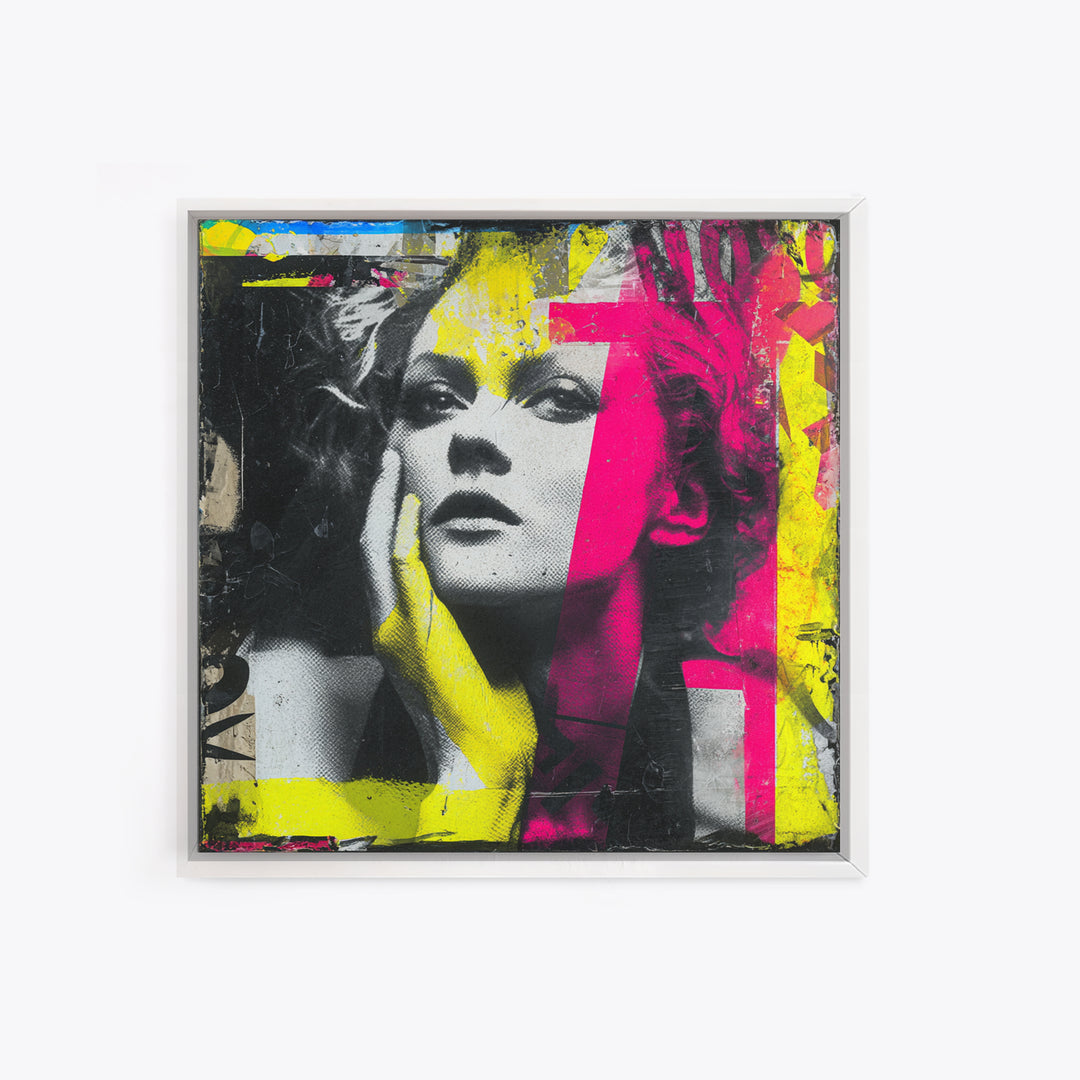 Neon Portrait with Thick Black Outlines Framed Canvas Print, Pop Art, Eclectic Home Decor, Living Room Decor, Fine Art, Pop, POP-1x1-100