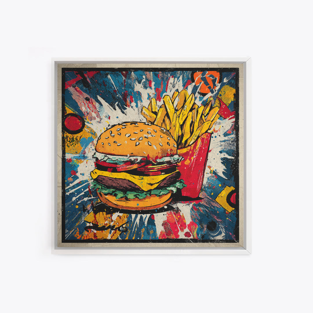 Hamburger and Fries Framed Canvas Print, Pop Art, Statement Artwork, Living Room Decor, Abstract Art, Pop, Wall Decor, POP-1x1-33