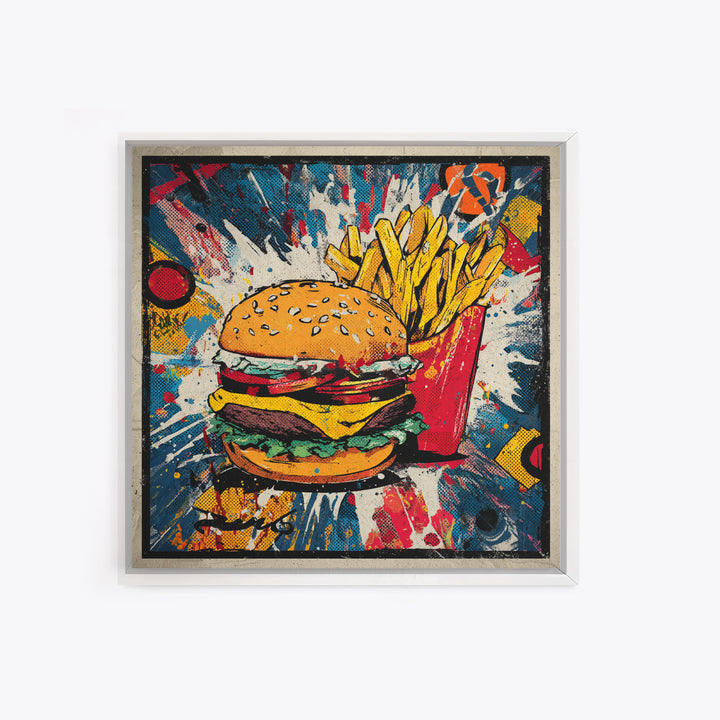 Hamburger and Fries Framed Canvas Print, Pop Art, Statement Artwork, Living Room Decor, Abstract Art, Pop, Wall Decor, POP-1x1-33