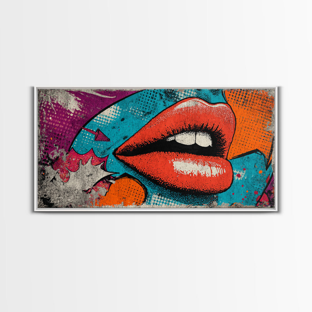 Bold Comic Lips Framed Canvas Print, Pop Art, Decor, Living Room Decor, Fine Art, Pop, Dopamine Decor, Mexican Art, Modern Art, POP-2x1-45