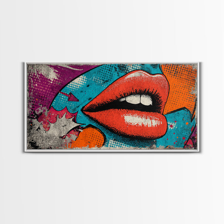 Bold Comic Lips Framed Canvas Print, Pop Art, Decor, Living Room Decor, Fine Art, Pop, Dopamine Decor, Mexican Art, Modern Art, POP-2x1-45
