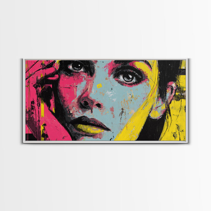 Neon Portrait with Thick Black Outlines Framed Canvas Print, Pop Art, Canvas, Living Room Decor, Oil Painting, Pop, Food Art, POP-2x1-72