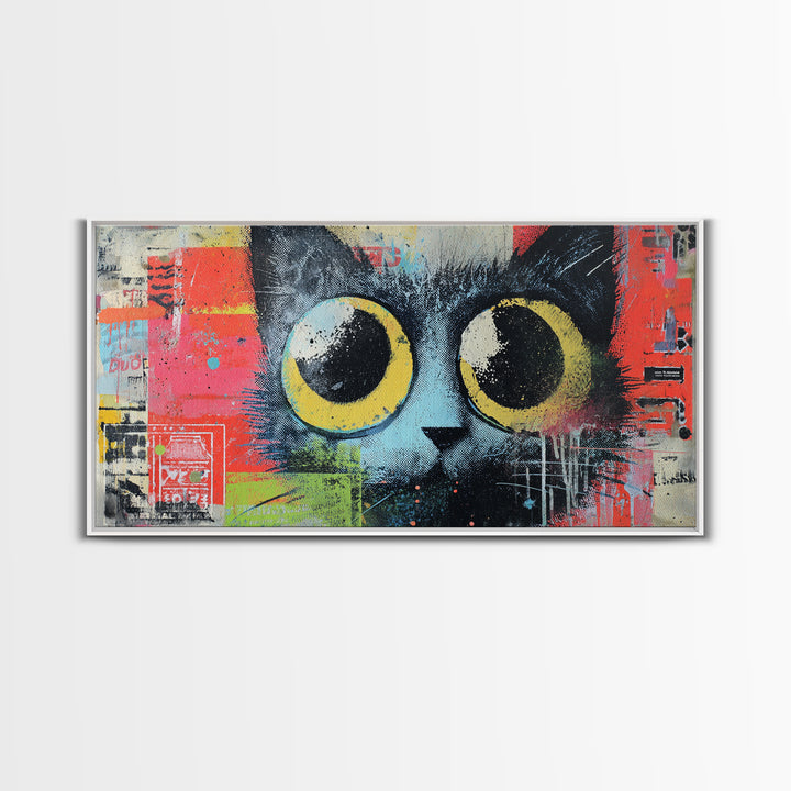 Comic Cat with Oversized Eyes Framed Canvas Print, Pop Art, Home Decor, Living Room Decor, Fine Art, Pop, Canvas Wall Art, POP-2x1-86