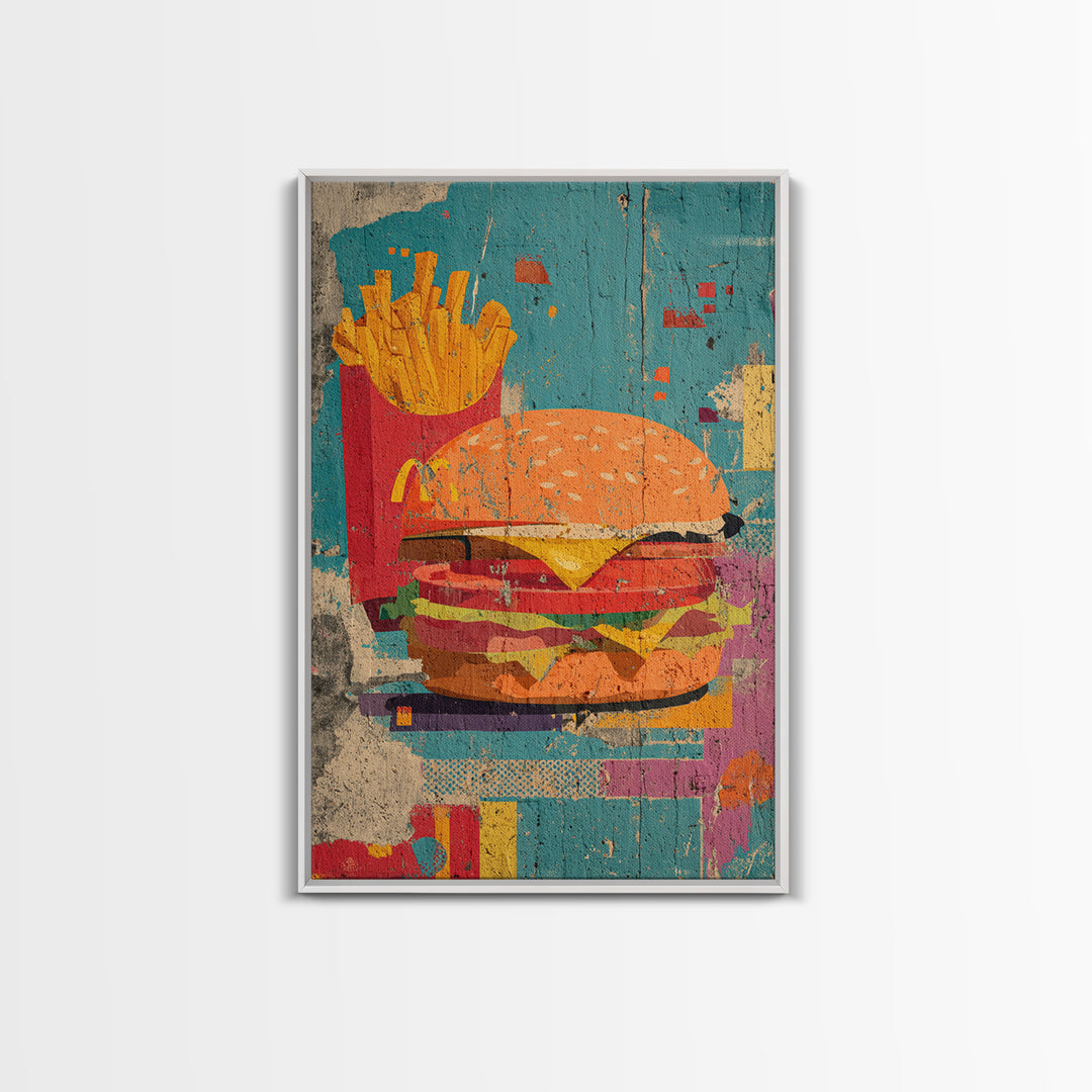 Hamburger and Fries Framed Canvas Print, Pop Art, Wall Decor, Living Room Decor, Abstract Art, Pop, Portrait, Apartment Decor, POP-2x3-17