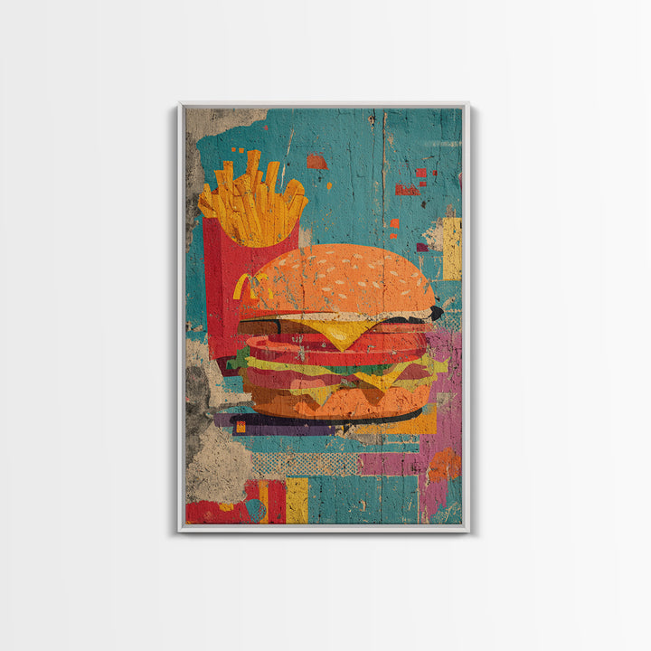 Hamburger and Fries Framed Canvas Print, Pop Art, Wall Decor, Living Room Decor, Abstract Art, Pop, Portrait, Apartment Decor, POP-2x3-17