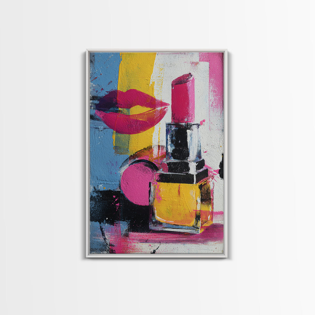 Lipstick and Perfume Fashion Still Life Framed Canvas Print, Pop Art, Canvas Wall Art, Living Room Decor, Fine Art, Pop, POP-2x3-28