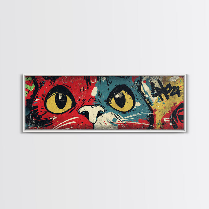 Comic Cat with Oversized Eyes Framed Canvas Print, Pop Art, Original Art, Living Room Decor, Fine Art, Pop, Original Artwork, POP-3x1-58