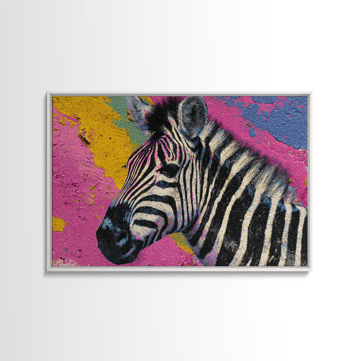 Zebra in Rainbow Pop Pattern Framed Canvas Print, Pop Art, Canvas Painting, Living Room Decor, Watercolor Art, Pop, POP-3x2-41