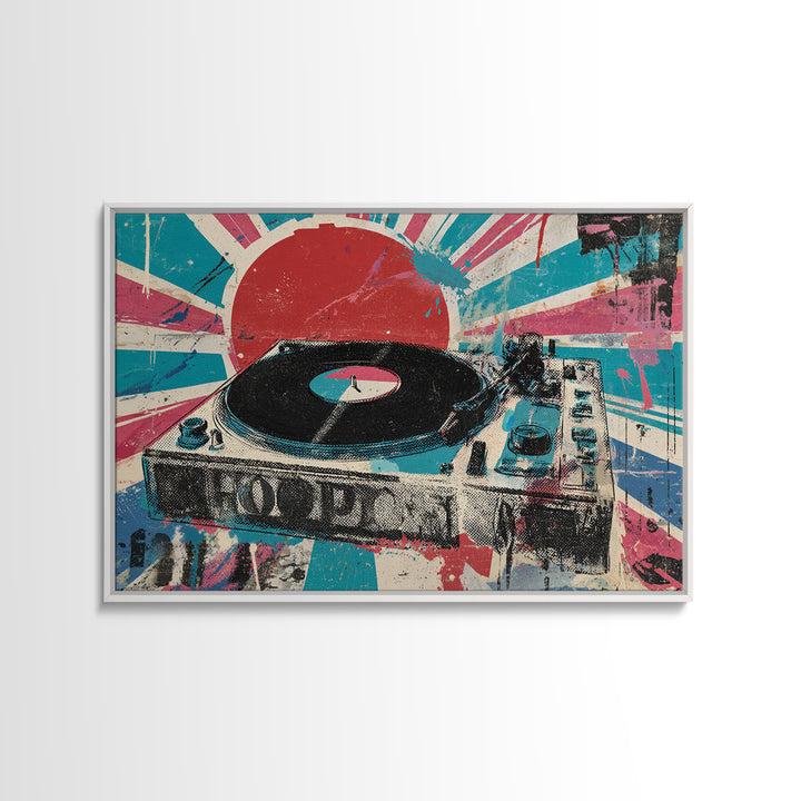 Record Player with Graphic Sound Rays Framed Canvas Print, Pop Art, Bedroom Decor, Living Room Decor, Oil Painting, Pop, POP-3x2-74