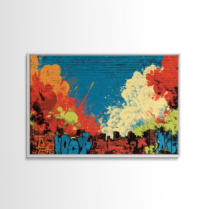 Comic Book City Skyline Framed Canvas Print, Pop Art, Football Wall Art, Living Room Decor, Abstract Art, Pop, Art Print, POP-3x2-81