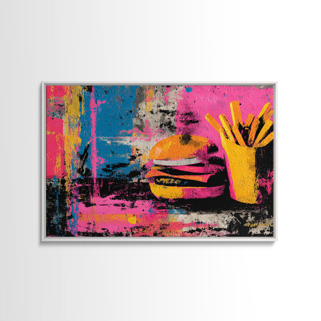 Hamburger and Fries Framed Canvas Print, Pop Art, Party Decor, Living Room Decor, Fine Art, Pop, Textured Painting, POP-3x2-85