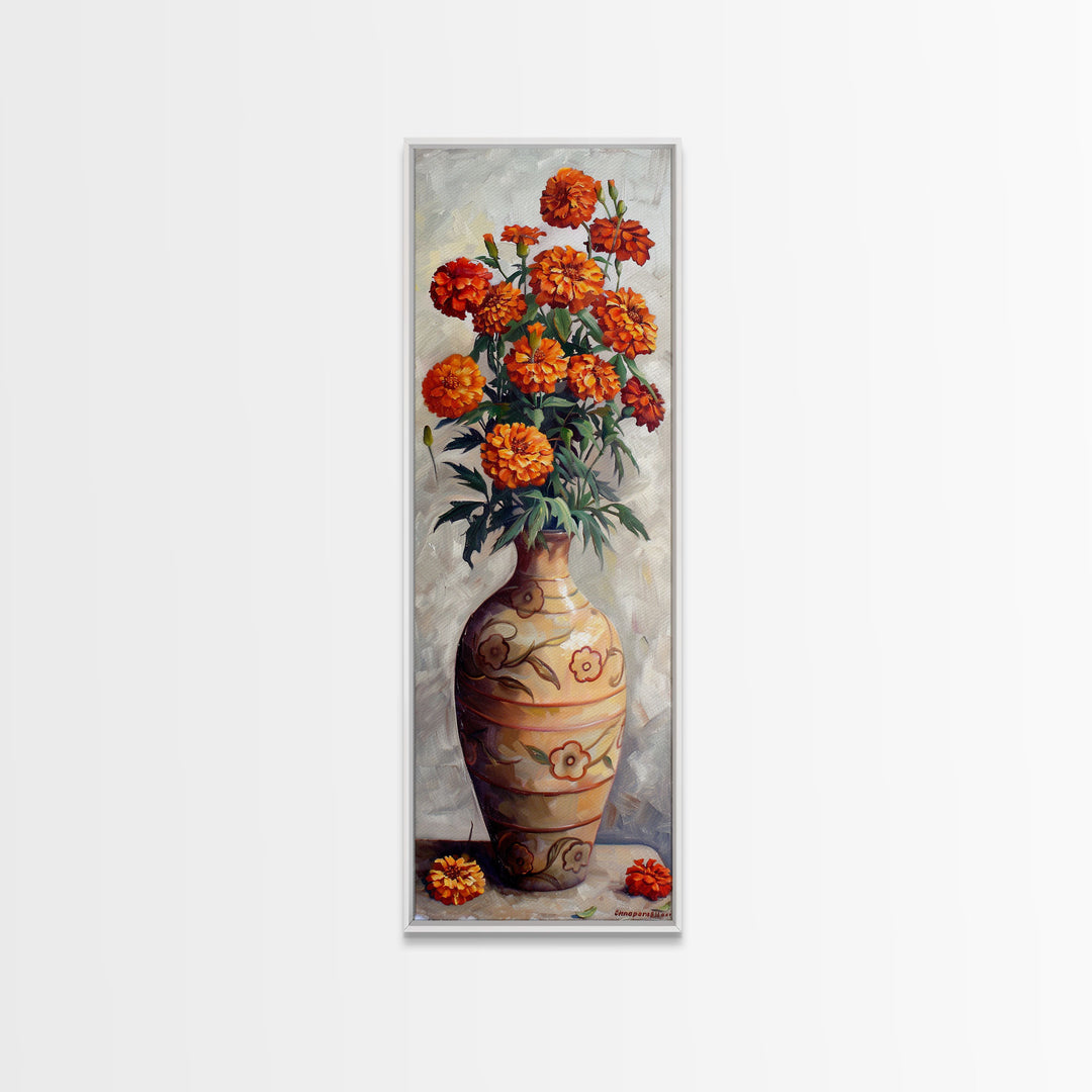 Orange Marigolds in Vase Painted on Textured Canvas, Tall and Narrow Framed Art, Botanical Art Print for Kitchen, Gallery Art, Moody Art