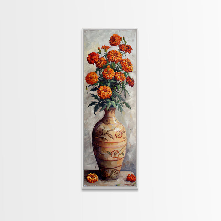 Orange Marigolds in Vase Painted on Textured Canvas, Tall and Narrow Framed Art, Botanical Art Print for Kitchen, Gallery Art, Moody Art