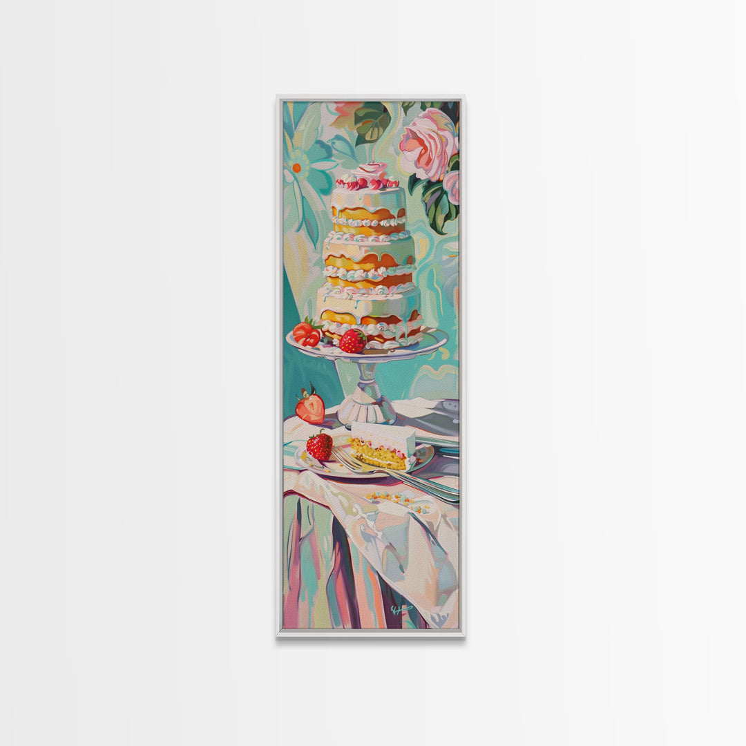 Cake Wall Art Framed and Printed on Canvas, Wall Art for Kitchen or Bakery, Food Art Print, Tall and Narrow Colorful Art for Kitchen