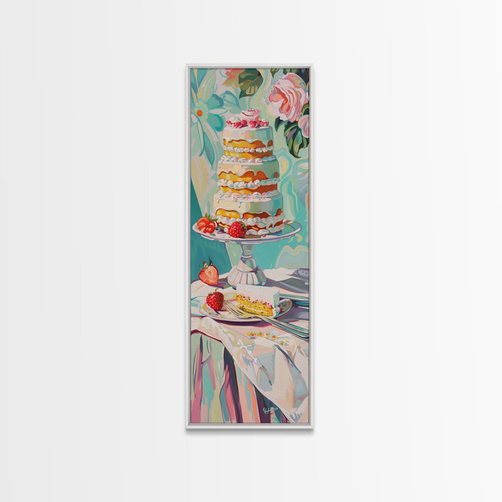 Cake Wall Art Framed and Printed on Canvas, Wall Art for Kitchen or Bakery, Food Art Print, Tall and Narrow Colorful Art for Kitchen