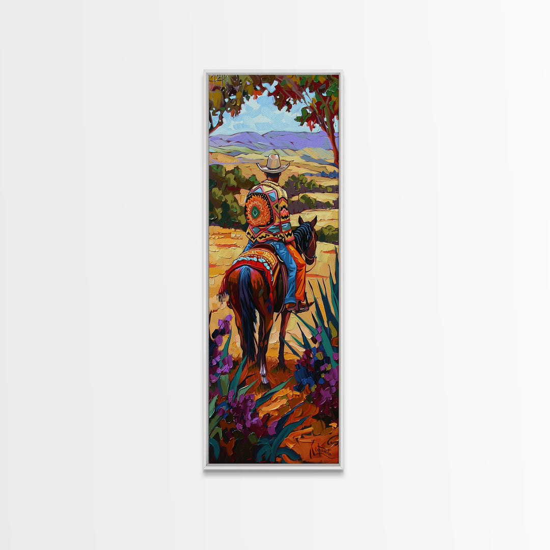 Long Narrow Wall Art Painting of Jalisco Cowboy, Southwest Wall Art Painting, Colorful Desert Canvas Painting Framed and Printed, Office Art