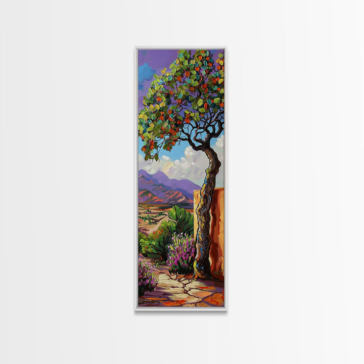 Oversized Texture Mountain Landscape Art Framed and Printed on Canvas, Vertical Impasto Painting on Canvas, Skinny Bedroom Wall Art