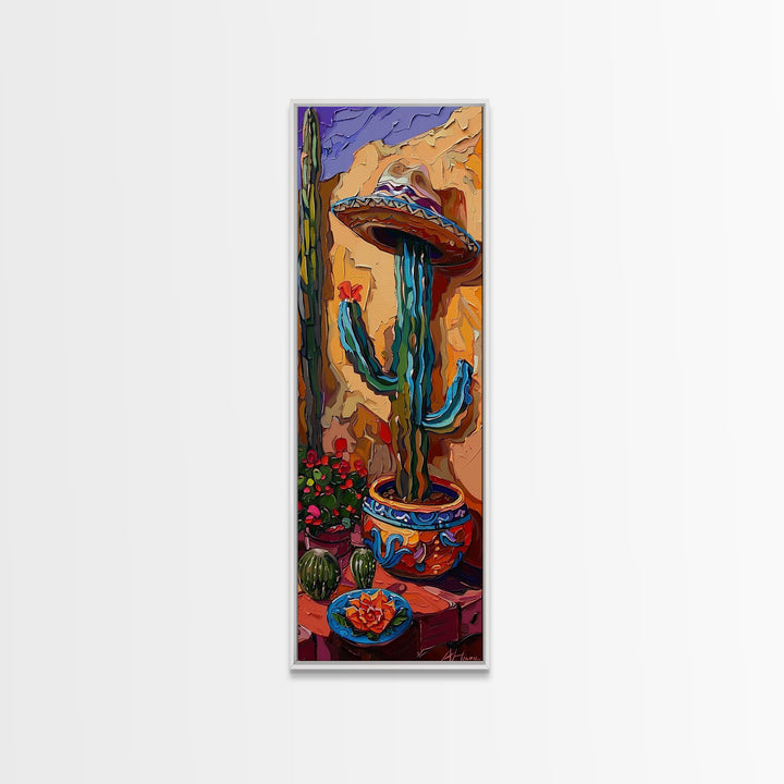 Colorful Canvas Painting of Mexican Saguaro Cactus Framed, Southwest Home Decor, Western Wall Art for Living Room, Housewarming Gift for Her