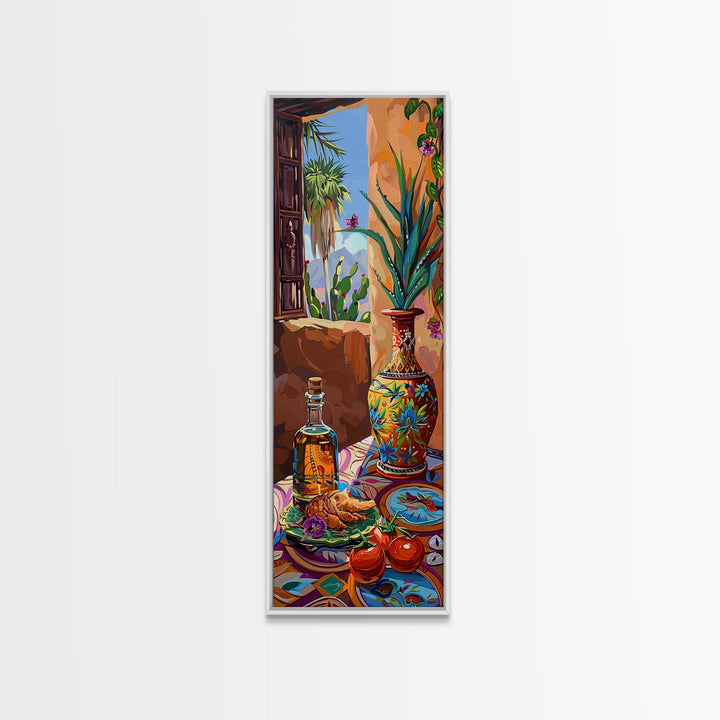 Tropical Landscape Art Print Framed on Canvas, Vertical Food Art for Kitchen, Spanish Inspired Coastal Art Print, Modern Wall Art