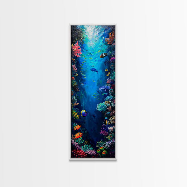 Oversized Vertical Framed Canvas Painting of Colorful Coral Reef, Ocean Painting Framed, Ocean Landscape Wall Art Print, Vibrant Art