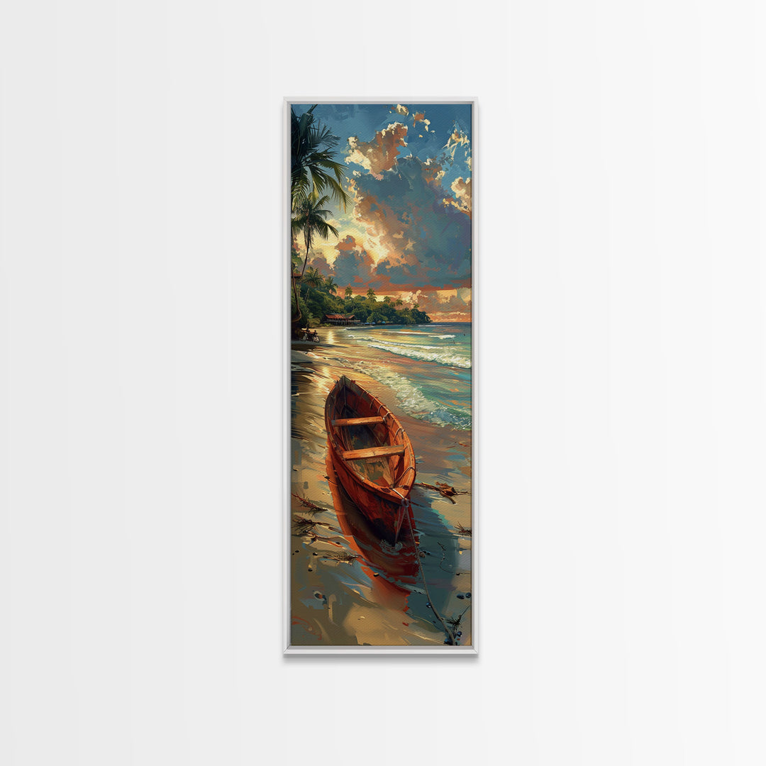 Red Boat Resting on the Shoreline - Framed Canvas Print, Midcentury Modern Wall Art, Skinny Art, Tall Art, Living Room Decor
