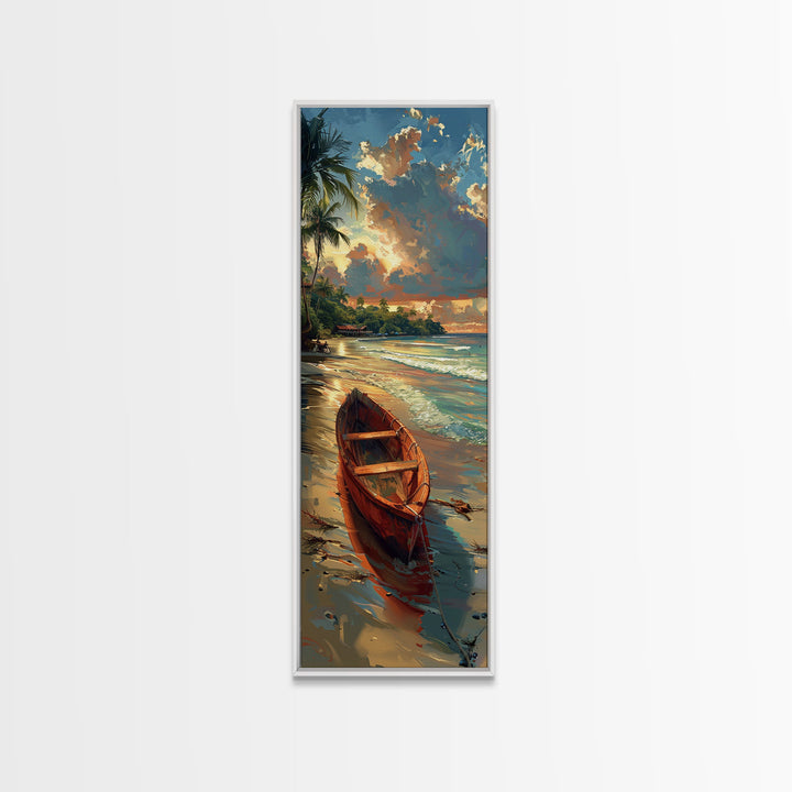 Red Boat Resting on the Shoreline - Framed Canvas Print, Midcentury Modern Wall Art, Skinny Art, Tall Art, Living Room Decor