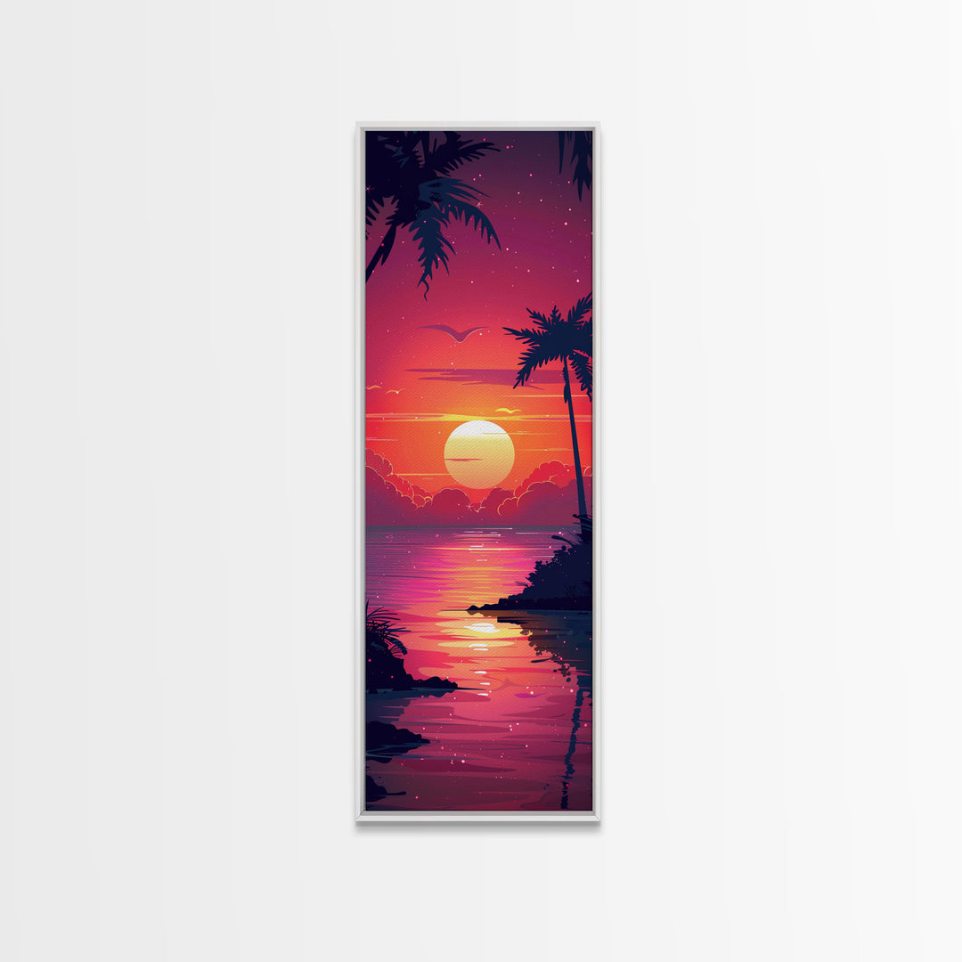 Retro Tropical Sunset Midcentury Modern Art - Framed Canvas Print, Boho Art, Skinny Art, Living Room Art, Bedroom Decor, Coastal Wall Art