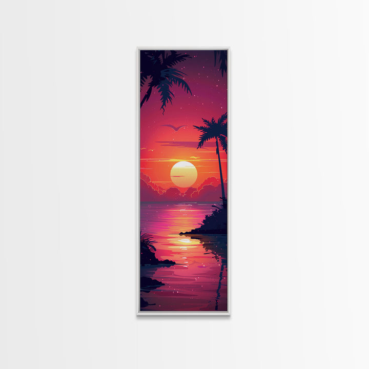 Retro Tropical Sunset Midcentury Modern Art - Framed Canvas Print, Boho Art, Skinny Art, Living Room Art, Bedroom Decor, Coastal Wall Art
