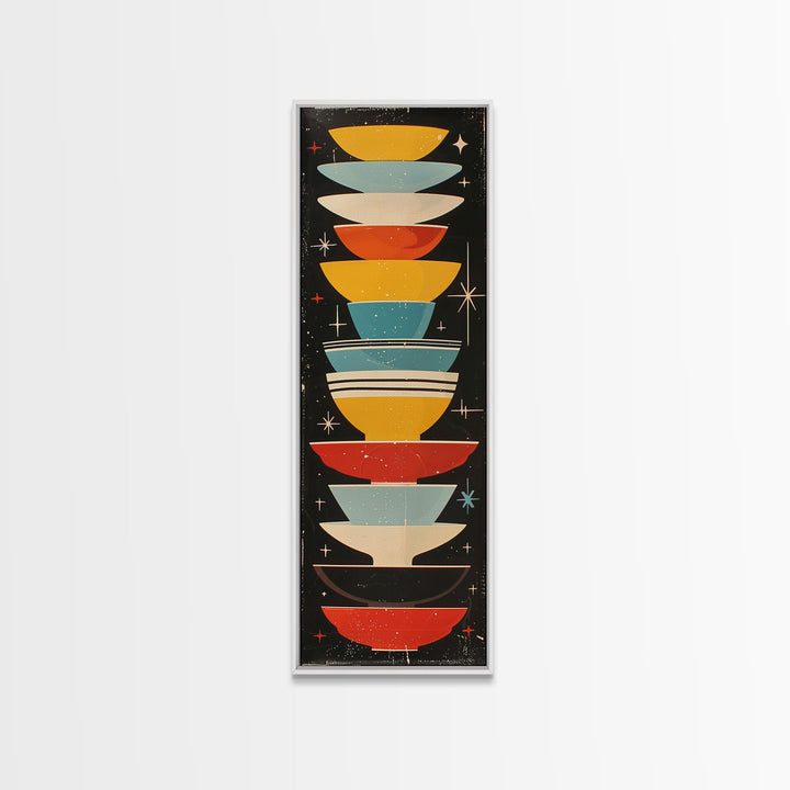 Retro Stacked Bowls Art in Midcentury Style - Framed Canvas Print, Skinny Tall Art for Living Room or Bedroom Decor
