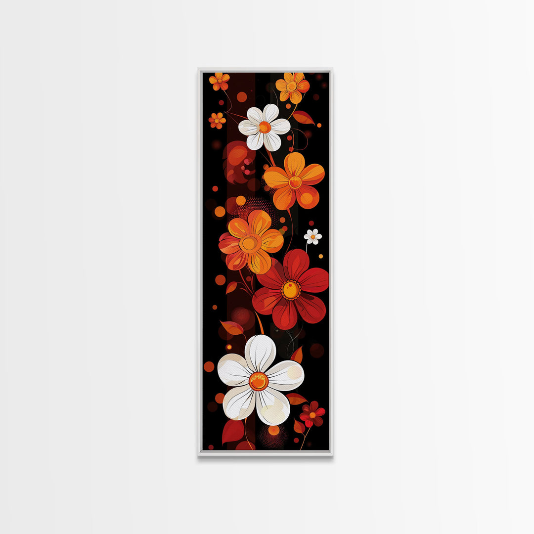 Floral Pattern in Bold Colors - Framed Canvas Print, Midcentury Modern Skinny Art, Tall Wall Art for Living Room or Bedroom Decor