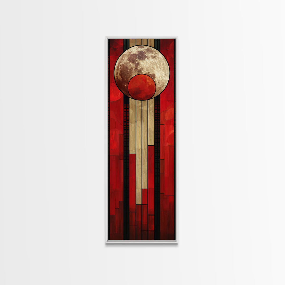 Lunar and Sun Geometric Art in Red and Beige Tones - Framed Canvas Print, Midcentury Modern Art, Skinny Art, Tall Art, Living Room Wall Decor