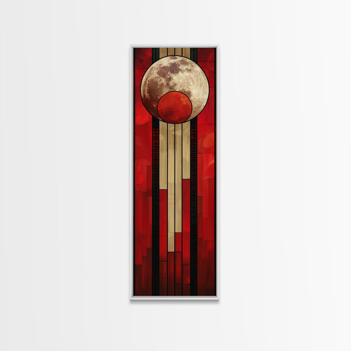 Lunar and Sun Geometric Art in Red and Beige Tones - Framed Canvas Print, Midcentury Modern Art, Skinny Art, Tall Art, Living Room Wall Decor