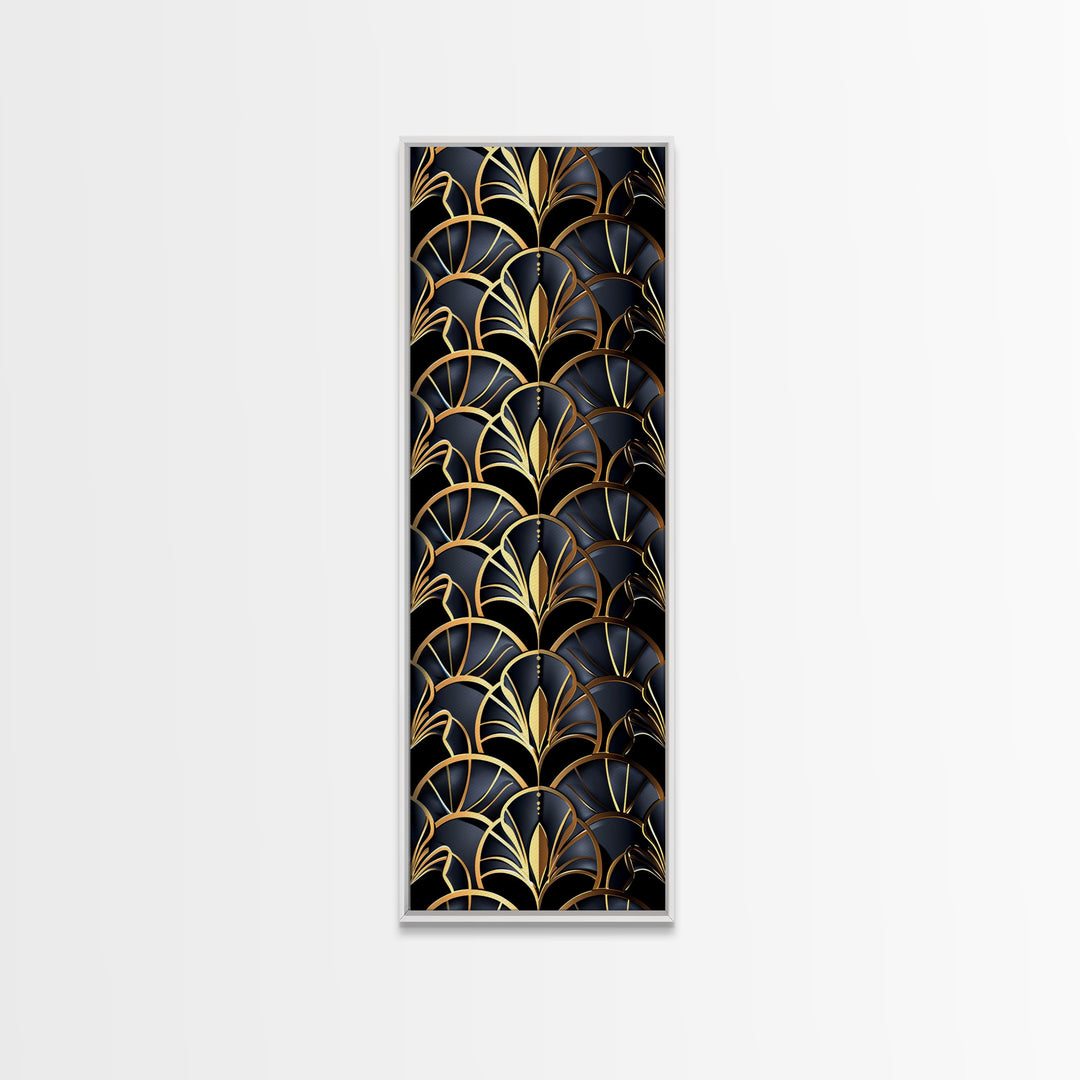 Gold Art Deco Pattern on Black Background - Framed Canvas Print, Midcentury Modern Art, Skinny Art, Tall Art, Living Room Wall Decor, Minimalist Art