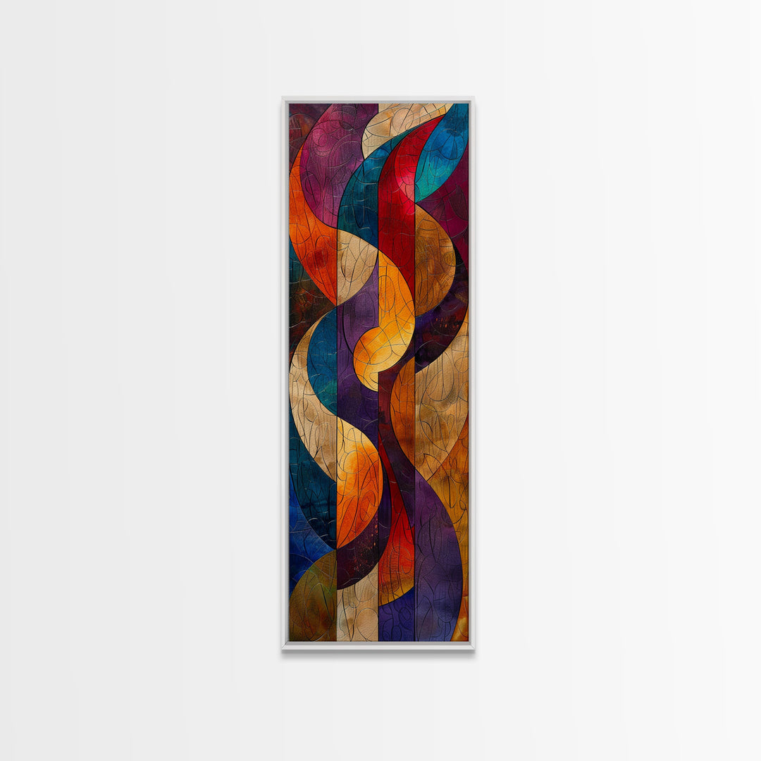 Colorful Abstract Design in Swirling Patterns - Framed Canvas Print, Midcentury Modern Art, Skinny Art, Tall Art, Living Room Wall Decor, Boho Art