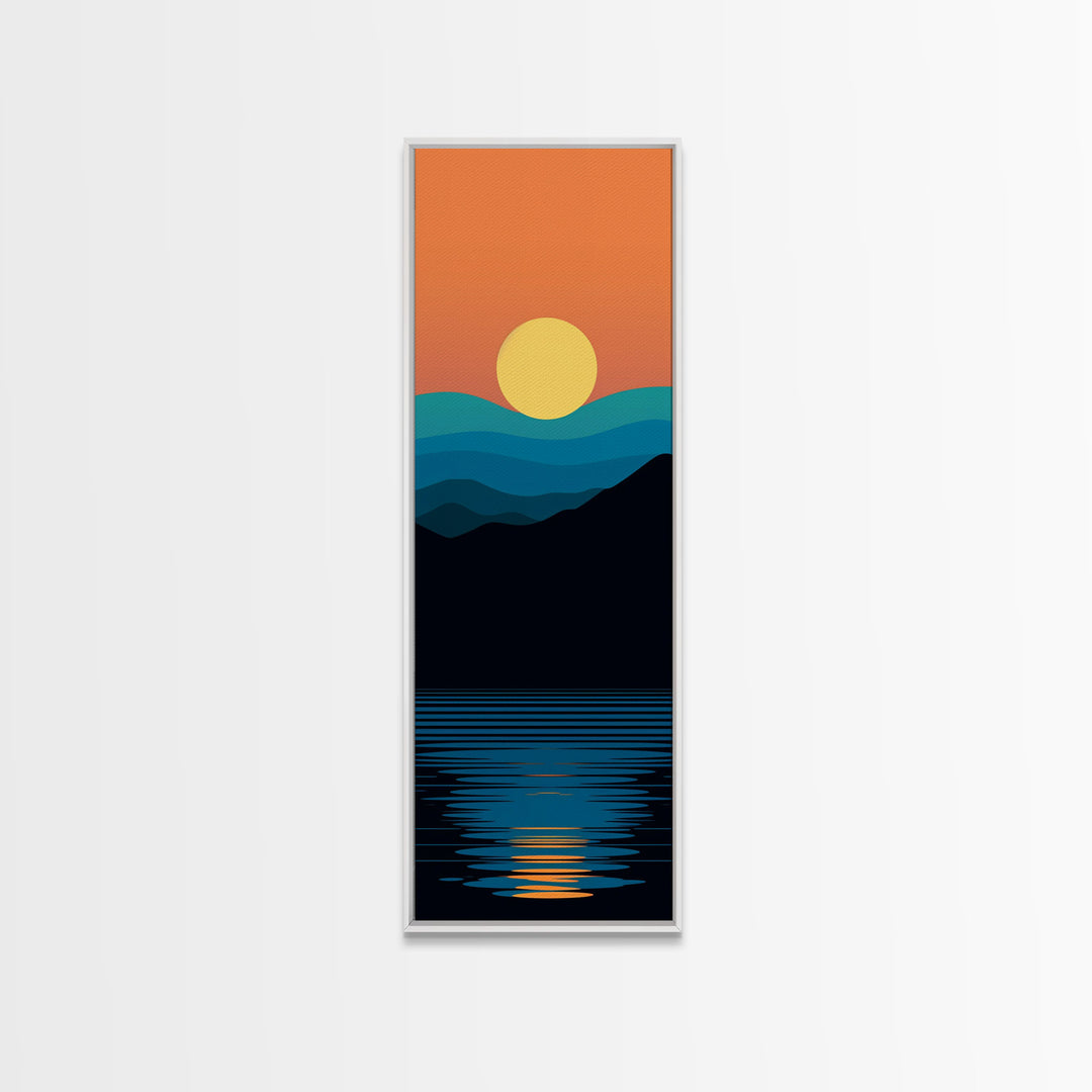 Minimalist Sunset Over Mountains Midcentury Modern Art - Framed Canvas Print, Boho Art, Skinny Art, Living Room Art, Bedroom Decor, Landscape