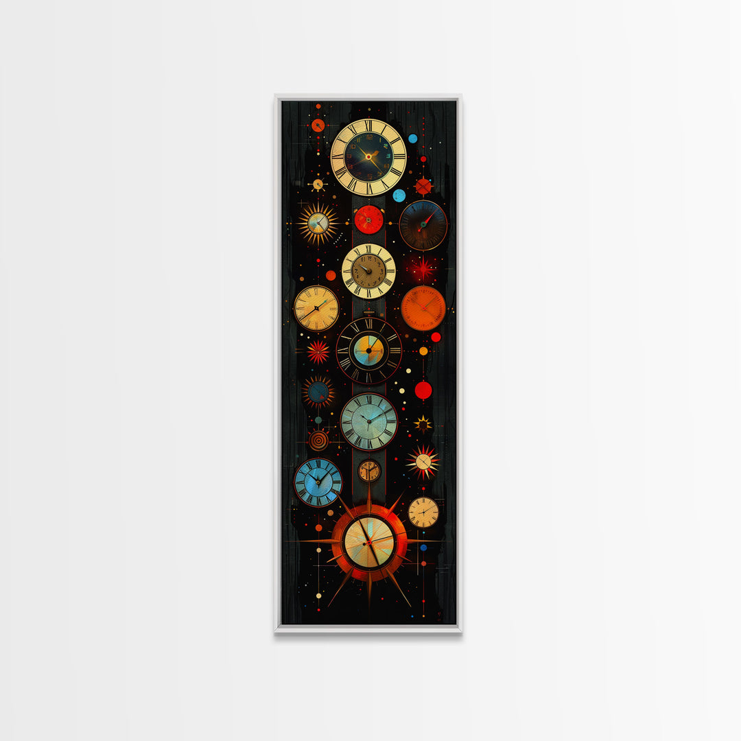 Interdimensional Wall Art, Retro Art Deco Clocks, Framed Canvas Print, Surrealist Decor