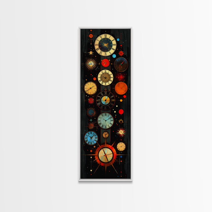 Interdimensional Wall Art, Retro Art Deco Clocks, Framed Canvas Print, Surrealist Decor
