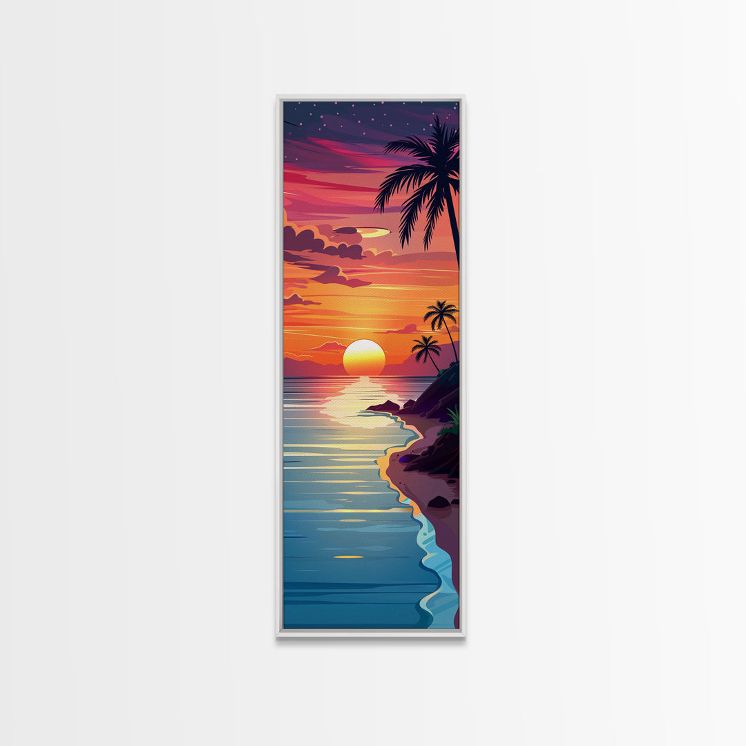 Coastal Sunset Palm Trees Midcentury Modern Art - Framed Canvas Print, Boho Art, Skinny Art, Living Room Art, Bedroom Decor, Tropical Landscape