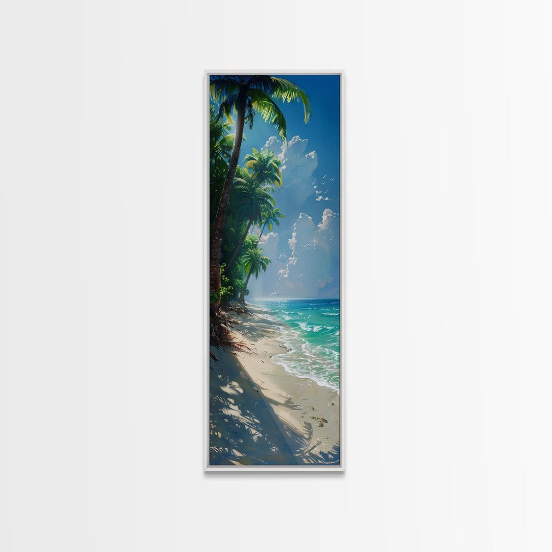 Lush Jungle With Flowing River And Bright Sunlight Skinny Art Framed Canvas Print For Living Room Or Guest Room Wall Decor