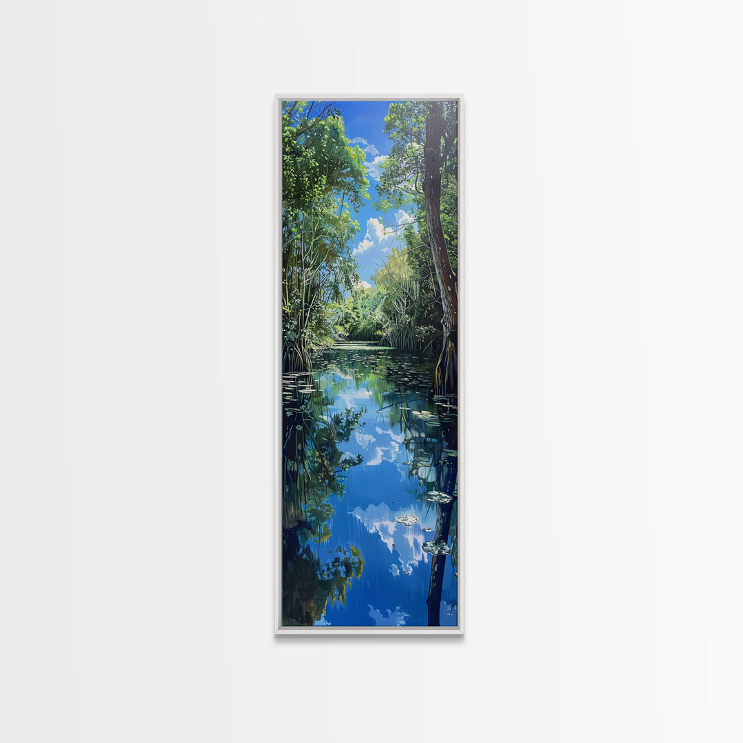Majestic Waterfall In A Tropical Jungle Skinny Art Framed Canvas Print For Living Room Or Guest Room Wall Art