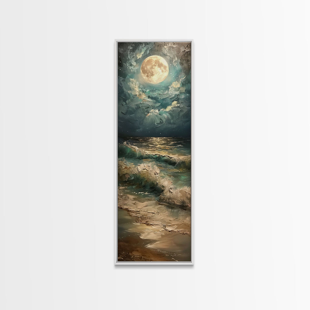 Mystical Moonlit Waves and Reflections Over the Ocean, Skinny and Tall Art, Captivating Landscape Painting, Framed Canvas Print, Wall Decor