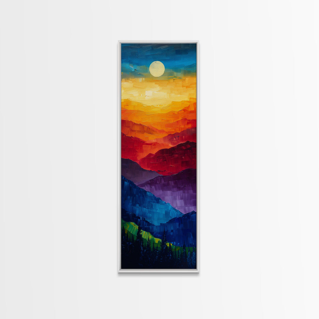 Colorful Mountains Under Moonlight - Framed Canvas Print, Skinny Tall Art, Wall Art for Living Room, Bedroom Decor, Landscape Painting, Panoramic Art